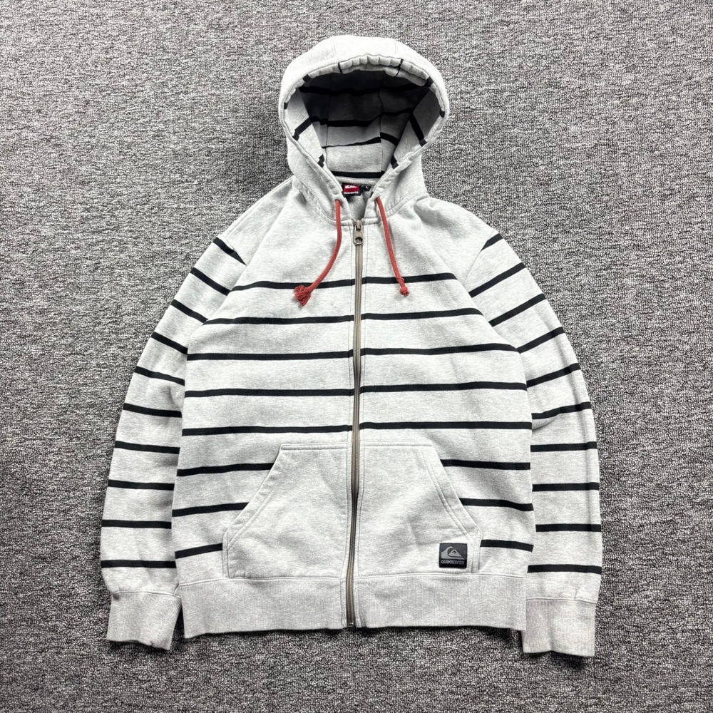 Y2K 2000s Quiksilver Skater Striped Full Zip Hoodie Grey/Black Size Large